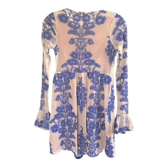 NEW For Love And Lemons Temecula Mini Dress Silk Blue Sheer Long Sleeve Women S - Picture 3 of 9